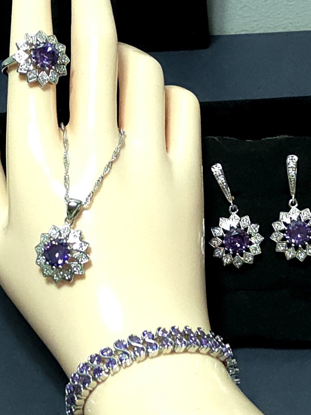 4 Piece Sterling Necklace, Bracelet, Earrings & Pendant Parure